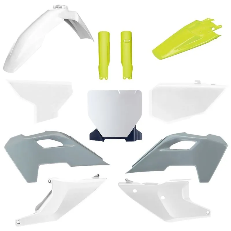 POLISPORT kompletní sada plastů (FULL KIT) HUSQVARNA TC/FC 23-24 v sadě tabulka přední (8671700001) i kryty tlumičů (8352500004) barva šedá bílá OEM Nejlepší Volba