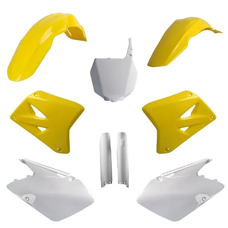 POLISPORT kompletní sada plastů (FULL KIT) SUZUKI RM 125/250 07-08 v sadě tabulka přední (8660400001) i kryty tlumičů (8398300001) barva žlutá bílá Novinka