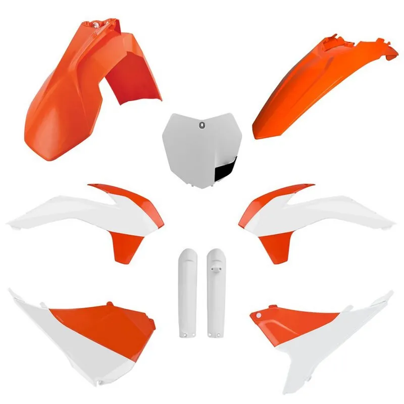 Ruční Výroba POLISPORT kompletní sada plastů (FULL KIT) KTM SX/SX-F/XC-F 15 v sadě tabulka přední (8659100002) a kryty tlumičů (8398600002) barva oranžová