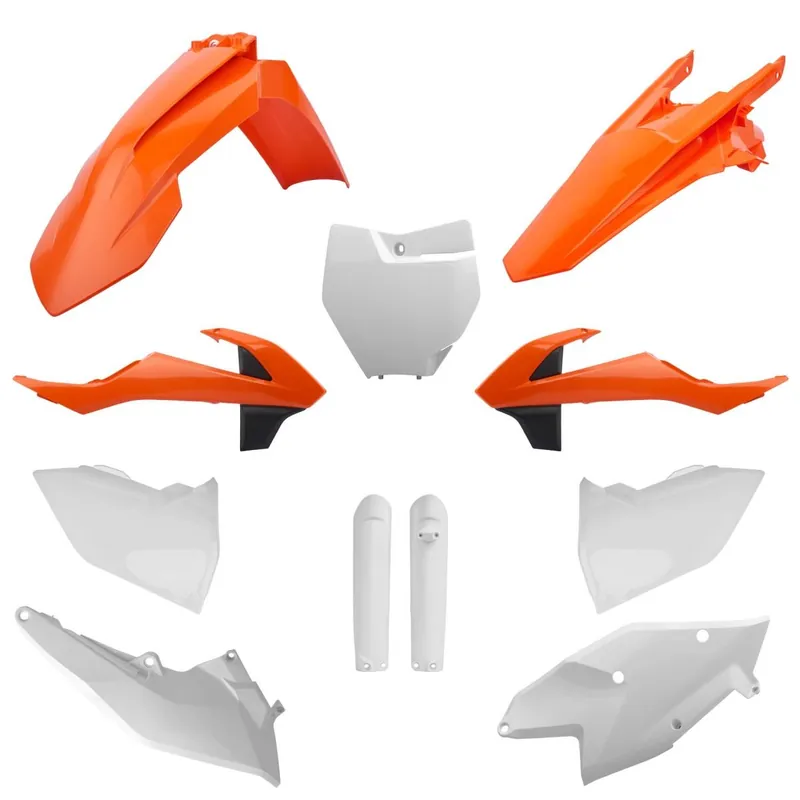 POLISPORT kompletní sada plastů (FULL KIT) KTM SX/SX-F/XC-F 16-18 v sadě tabulka přední (8664900002) a kryty tlumičů (8398600002) barva bílá oranžová Tovární Cena