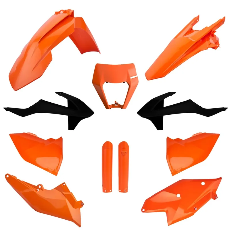 Prémiový POLISPORT kompletní sada plastů (FULL KIT) KTM EXC/EXC-F TPI 17-19 v sadě kryt světla (8666800006) a kryty tlumičů (8398600001) barva oranžová OEM