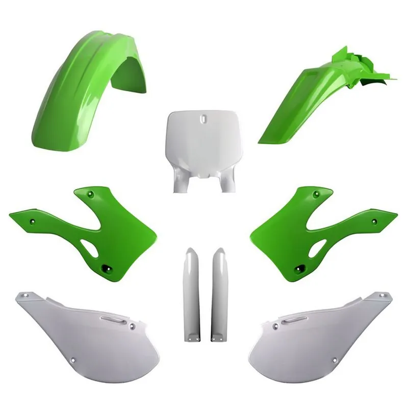 Akční Cena POLISPORT kompletní sada plastů (FULL KIT) KAWASAKI KX 125/250 99-02 v sadě tabulka přední (8677000001) i kryty tlumičů (8395000001) barva zelená OEM