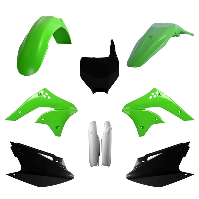 Sezónní Sleva POLISPORT kompletní sada plastů (FULL KIT) KAWASAKI KX 250F 06-08 v sadě tabulka přední (8660800001) i kryty tlumičů (8351200001) barva zelená černá OEM
