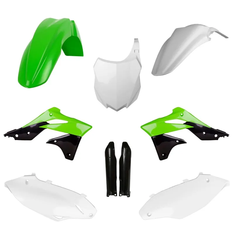Poslední Šance POLISPORT kompletní sada plastů (FULL KIT) KAWASAKI KX 250F 13-16 v sadě tabulka přední (8659200003) i kryty tlumičů (8351800002) barva zelená černá bílá OEM