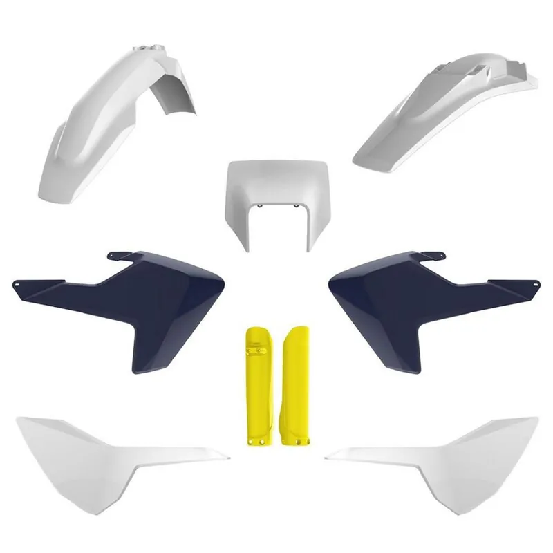 POLISPORT kompletní sada plastů (FULL KIT) HUSQVARNA TE/FE TPI 17-19 v sadě tabulka přední (8666900001) i kryty tlumičů (8398900004) barva bílo světle modrý OEM Profesionální