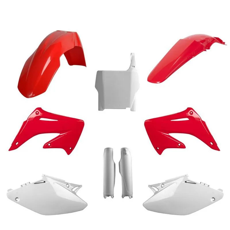Vysoce Kvalitní POLISPORT kompletní sada plastů (FULL KIT) HONDA CR 125 04-07; CR 250 04-07 v sadě tabulka přední (8661900001) i kryty tlumičů (8351700001) barva červená bílá