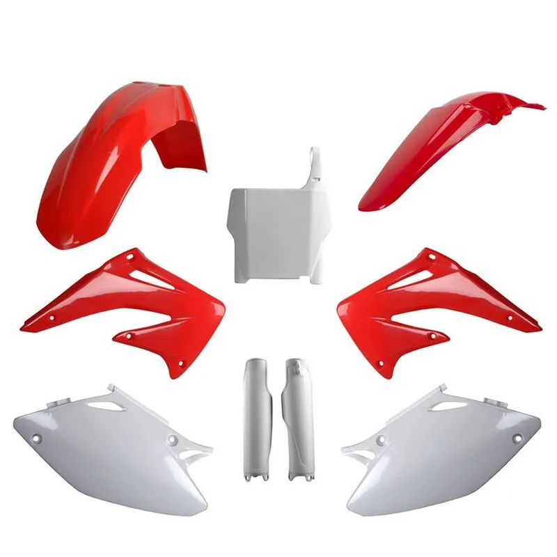 Cenově Výhodný POLISPORT kompletní sada plastů (FULL KIT) HONDA CRF 450R 04 v sadě tabulka přední (8661900001) i kryty tlumičů (8351700001) barva červeno bílá OEM