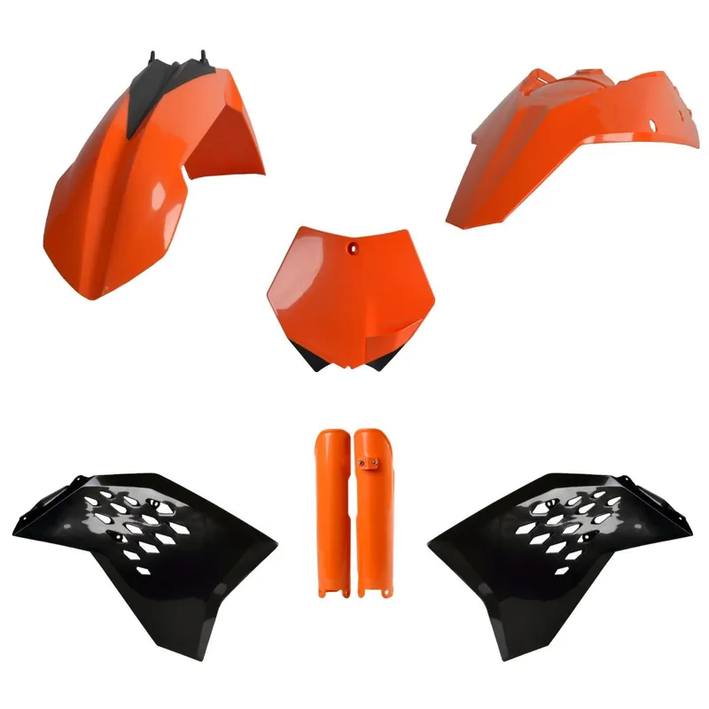 Exkluzivní POLISPORT kompletní sada plastů (FULL KIT) KTM SX/SX-F/XC-F 07-10 v sadě tabulka přední (8664400001) a kryty tlumičů (8399000002) barva oranžová