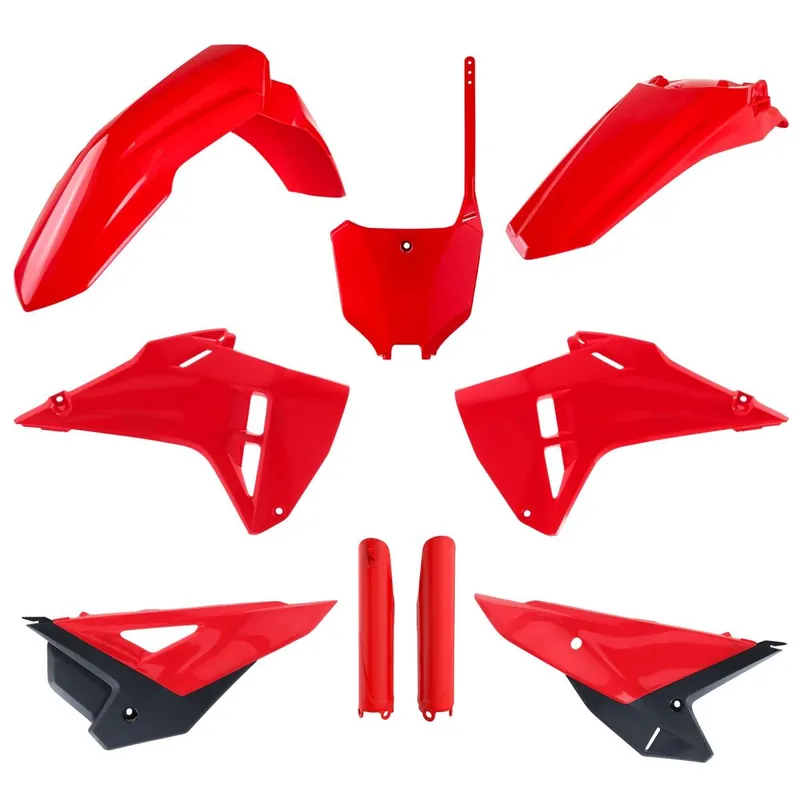 Celosvětová Doprava POLISPORT kompletní sada plastů (FULL KIT) HONDA CRF 250R 22-24; CRF 450R 21-24 (restyling na model 2025) v sadě tabulka přední (8670700001) i kryty tlumičů (8351900003) barva červená OEM