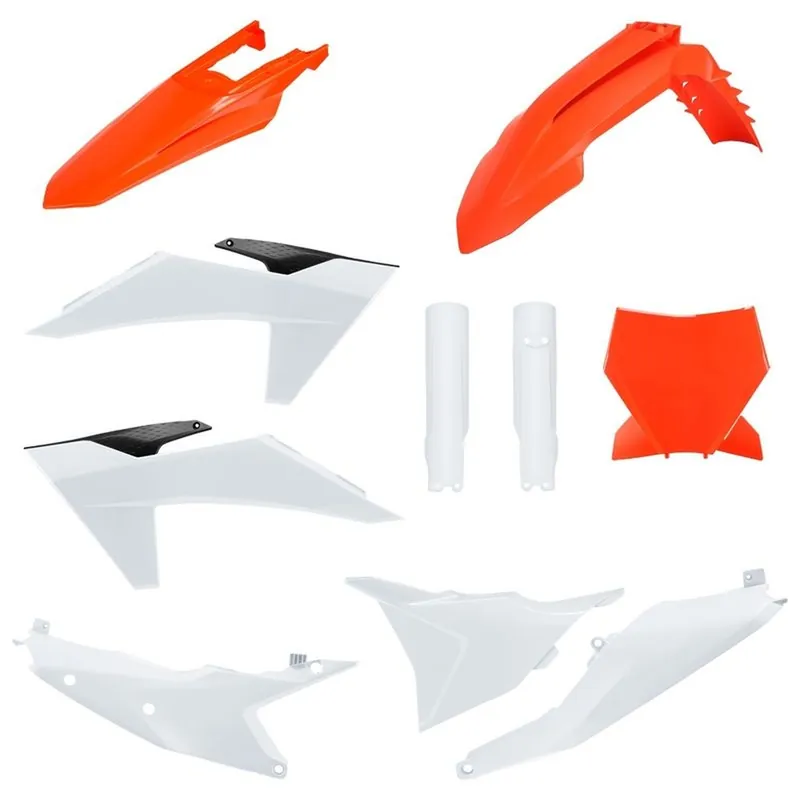 Exkluzivní POLISPORT kompletní sada plastů (FULL KIT) KTM SX/SX-F/XC/XC-F 23-24 v sadě tabulka přední (8672000002) a kryty tlumičů (8352500001) barva oranžová bílá OEM
