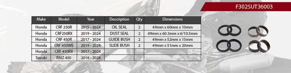Hit Sezóny SHOWA opravná sada tlumiče přední HONDA CRF 250 R 15-24, CRF 250 RX 19-24, CRF 450 R 17-24, CRF 450 RX 17-24, SUZUKI RMZ 450 18-24, (těsnění olej X 2, prachové X 2, kluzná ložiska X 4) (SERVICE KIT) (závěs 49mm)