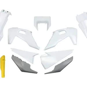 Autentický UFO kompletní sada plastů (FULL KIT) s kryty tlumičů HUSQVARNA TX / TE 125 / 150 / 250 / 300 20-22, FE 250 / 350 / 450 / 501 20-23 barva bílá šedý žlutá