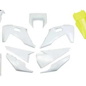 UFO kompletní sada plastů (FULL KIT) s kryty tlumičů HUSQVARNA TX / TE 125 / 150 / 250 / 300 20-22, FE 250 / 350 / 450 / 501 20-23 barva bílá + žlutá blatník zadní Finální Výprodej