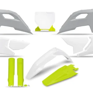 Výhodná Nabídka UFO kompletní sada plastů (FULL KIT) s kryty tlumičů HUSQVARNA TC 125 / 250 23-24, FC 250 / 350 / 450 23-24, FX 350 / 450 23-24, TX 300 24, barva 24 ( bílá / žlutá ) (prodloužená tabulka na startovací číslo)