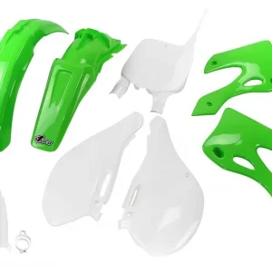 Cenová Bomba UFO kompletní sada plastů (FULL KIT) s kryty tlumičů KAWASAKI KX 125 / 250 99-02 barva (zelená/bílá) (KA200E999)