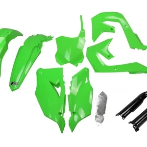 Originální UFO kompletní sada plastů (FULL KIT) s kryty tlumičů KAWASAKI KXF 250 21-24, KXF 450 19-23 barva zelená černá