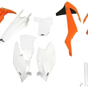UFO kompletní sada plastů (FULL KIT) s kryty tlumičů KTM SX/SXF 16-18 (kromě SX 250 16), barva 16 (bílá/oranžová) (KT517E999) Aktuální