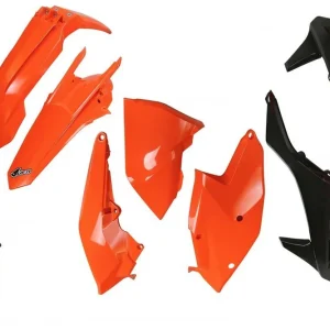 Cenová Bomba UFO kompletní sada plastů (FULL KIT) s kryty tlumičů KTM EXC/EXC-F TPI 17-19, barva 17 i 19 (černá/oranžová) (KT518E999)