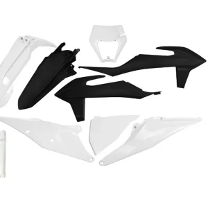 Výprodej UFO kompletní sada plastů (FULL KIT) s kryty tlumičů KTM EXC 125 20-21, EXC 250 / 300 TPI 20-23, EXC-F 250 / 350 / 450 / 500 20-23 barva bílá černá