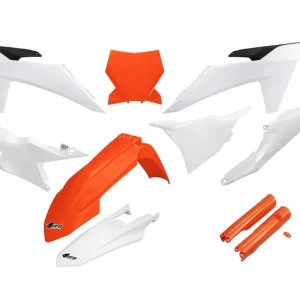UFO kompletní sada plastů (FULL KIT) s kryty tlumičů KTM SX 125 / 250 / 300 TBI 23-24, SX-F 250 / 350 / 450 23-24 barva oranžová bílá Super Cena