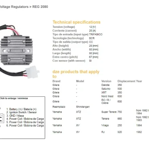 Časově Omezené DZE regulátor napětí YAMAHA XTZ 660 92-93, XTZ 750 92-94, XV 250 VIRAGO 94; GILERA DAKOTA/SATURNO/XRT/NORD WEST/ RC/R/COBRA (2J2-81960-A0, 2J2-81960-A1)