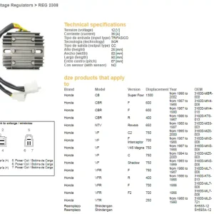 Omezená Nabídka DZE regulátor napětí HONDA CBR 600F 87-90; CB 1300 98-02; NTV 650 REVERE 88-97; VF 700/750 07-03; VFR 400/750 86-88 (ESR530) (SH593A-12, SH583-12)