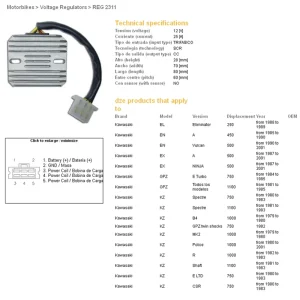 DZE regulátor napětí KAWASAKI EL 250 88-89; EN 450A 85-90; EX 500A 87-01; GPZ 750E 84-85; GPZ 1100 81-85; KZ 750LTD 80--83; KZ 1100 80-01 Akce