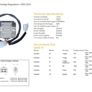 DZE regulátor napětí YAMAHA XV 700 VIRAGO 84-85; XV 750 VIRAGO 81-83; XV 920 VIRAGO 81-83; XV 1000SE 83-85; XZ 550 VISION 82-84; YX 600 RADIAN 89 (ESR390, RGU-212) Originální