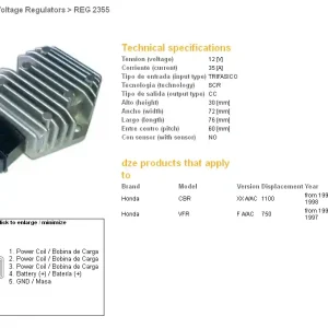 DZE regulátor napětí HONDA CB 600F 02-06; CBF 500 04-07; CBR 1100XX 96-98; FES 125/150/250 97-03; NES 125/150/250 01-03; VFR 750F/A/AC 90-97; APRILIA; MALAGUTI;PIAGIO (35A) (31600-MY7-305) - nahrazuje 2055-01 Nová Kolekce