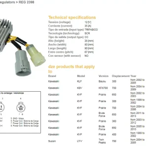DZE regulátor napětí KAWASAKI KLF 300 BAYOU 02-05; KVF 300 PRAIRIE 99-02; KFV 650 BRUTE FORCE 05-10; KFX 700 04-09; SUZUKI LT-V 700 TWIN PEAKS 04-05 (ESR135) (21066-1112) (21066-0047) (35A) Vysoce Kvalitní