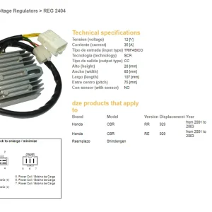 DZE regulátor napětí HONDA CBR 900RR (929) 00-03 (SH678C-13) (ESR436;ESR430) (31600-MCJ-641) Garance Vrácení Peněz