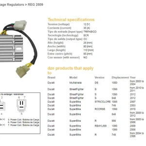 Horká Nabídka DZE regulátor napětí DUCATI DS 1000 MULTIstrada 03-04; DUCATI 749/848/999/1098/1099/1198 (OEM-540.4.019.1A) (SH579EA) (ESR538)