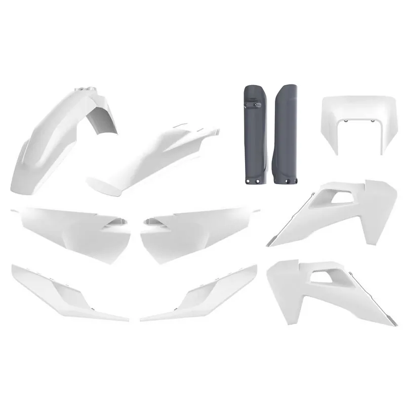 POLISPORT kompletní sada plastů (FULL KIT) HUSQVARNA TE/FE TPI 20-23 v sadě kryt předního světlometu (8668700001) a kryty tlumičů (8398900006) barva bílo šedý OEM Nová Kolekce