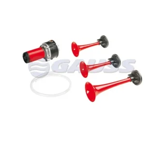 Cenový Hit GAUSS klakson (zvukový signál) univerzální ELEKTRO-pneumatický (vysoká střední i nízký TON) červená ( délka 153 mm, 165 mm, 215 mm)
