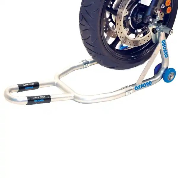 Ověřený OXFORD prémiový zvedák na přední kolo motocyklu - upevnění za kyvnou vidlici